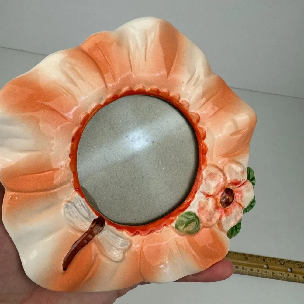 Vtg‎ Tabletop Miniature Frame Ceramic Hibiscus Dragon Fly Glazed 3x3 Image Size